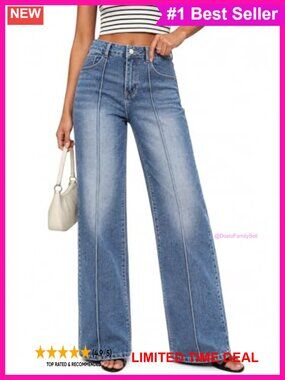 High Waisted Straight Leg Wide Leg Jeans Womens Front Seam Tummy Control
